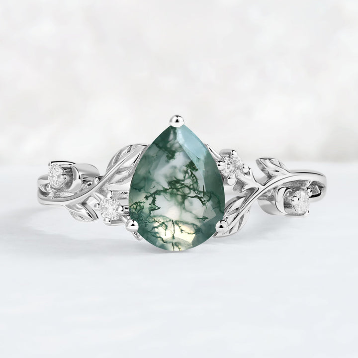 Nature Inspired Pear Cut Moss Agate Moon & Leafy Ring