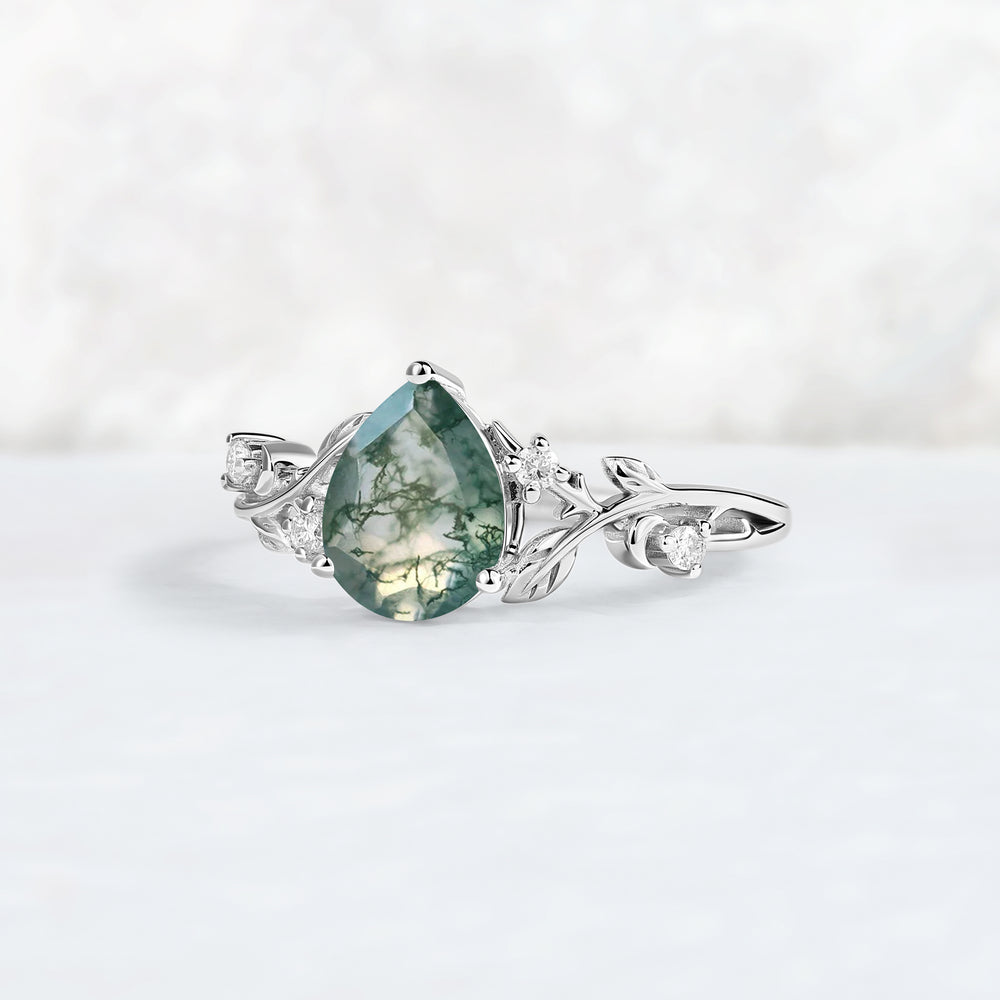 Nature Inspired Pear Cut Moss Agate Moon & Leafy Ring