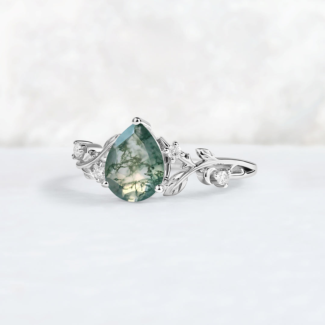 Nature Inspired Pear Cut Moss Agate Moon & Leafy Ring