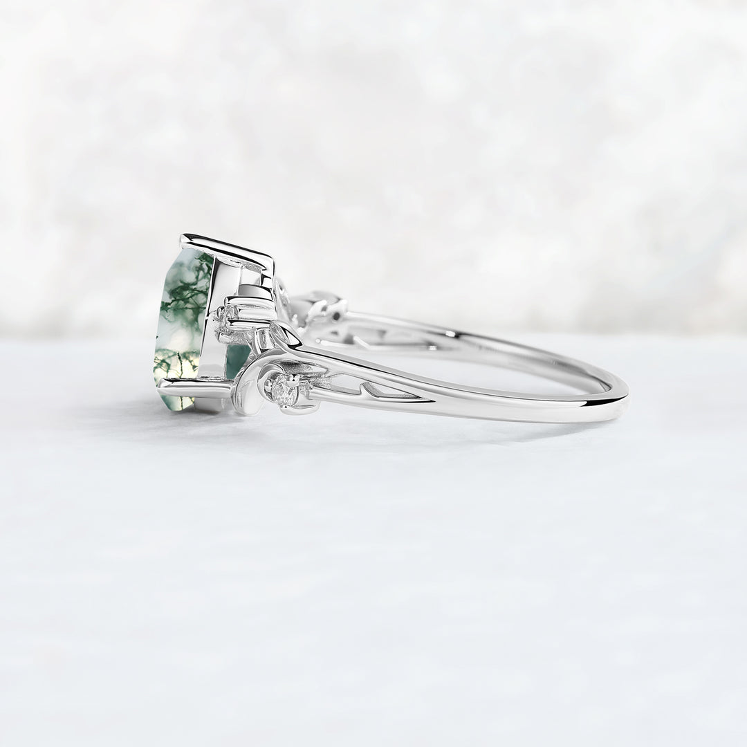 Nature Inspired Pear Cut Moss Agate Moon & Leafy Ring