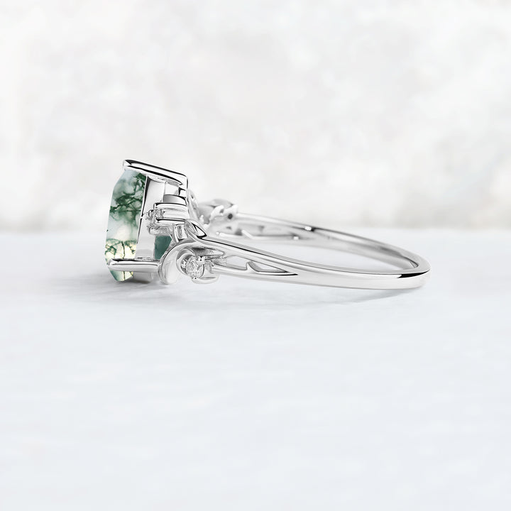 Nature Inspired Pear Cut Moss Agate Moon & Leafy Ring