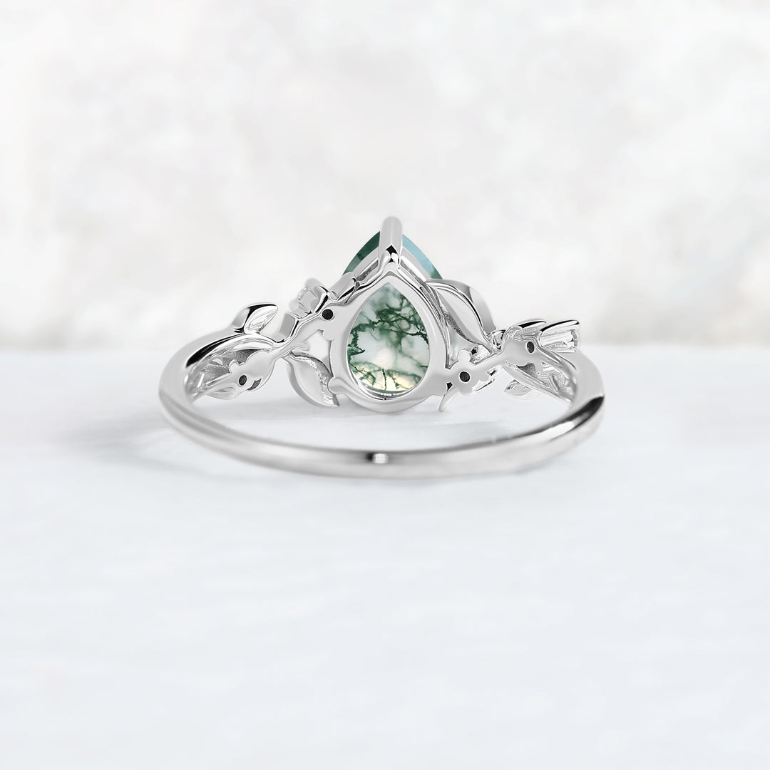 Nature Inspired Pear Cut Moss Agate Moon & Leafy Ring