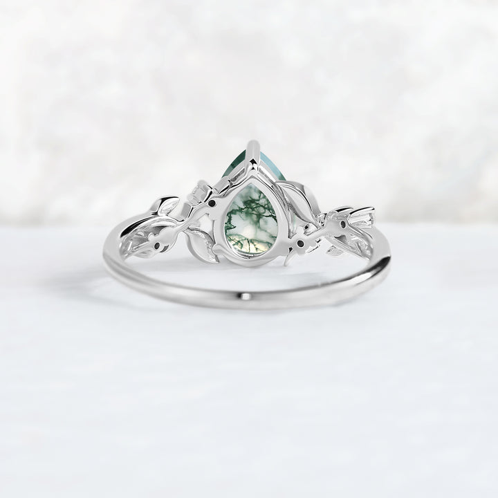 Nature Inspired Pear Cut Moss Agate Moon & Leafy Ring