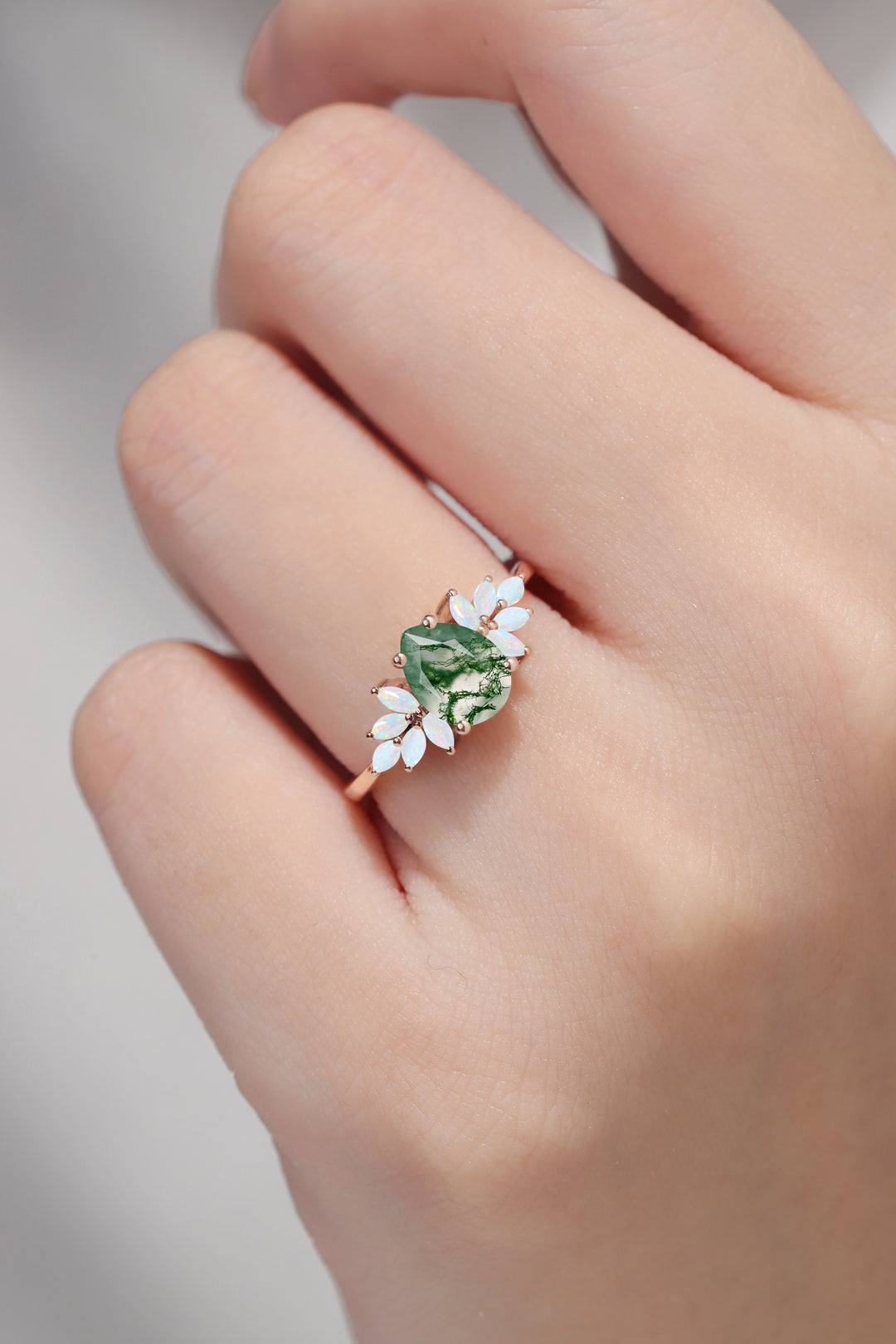 Nature Inspired Pear Cut Moss Agate Opal Petal Side Gemstone Ring