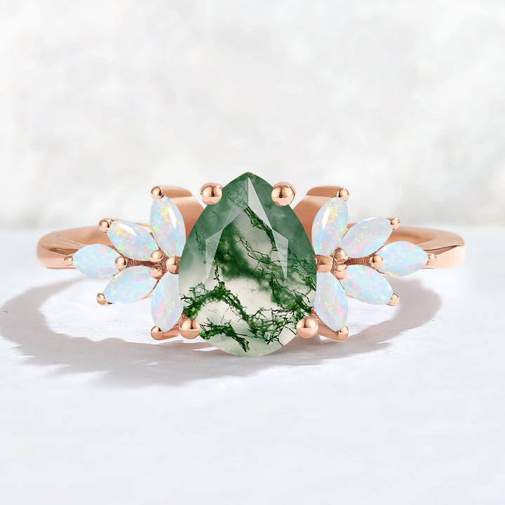 Nature Inspired Pear Cut Moss Agate Opal Petal Side Gemstone Ring
