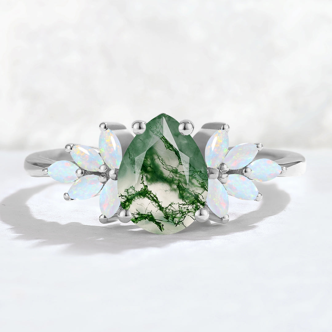 Nature Inspired Pear Cut Moss Agate Opal Petal Side Gemstone Ring