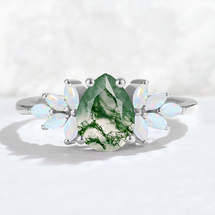 Nature Inspired Pear Cut Moss Agate Opal Petal Side Gemstone Ring