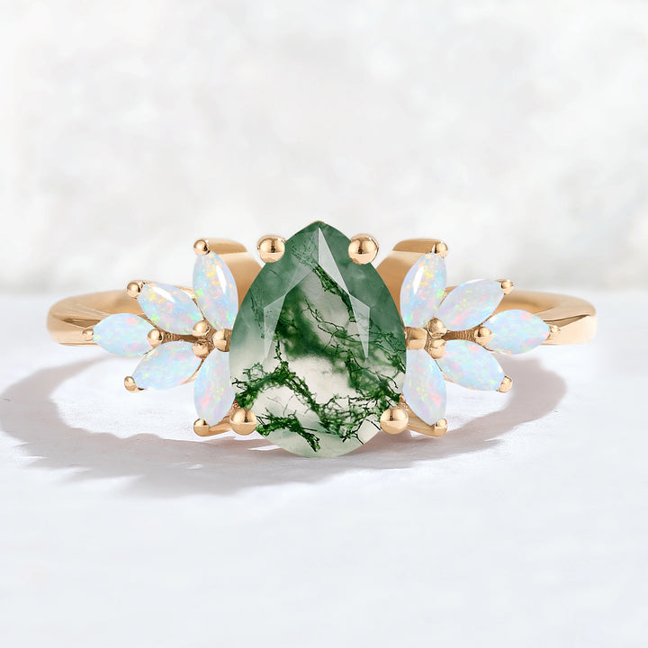 Nature Inspired Pear Cut Moss Agate Opal Petal Side Gemstone Ring