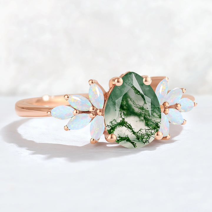Nature Inspired Pear Cut Moss Agate Opal Petal Side Gemstone Ring