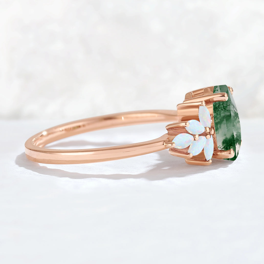 Nature Inspired Pear Cut Moss Agate Opal Petal Side Gemstone Ring