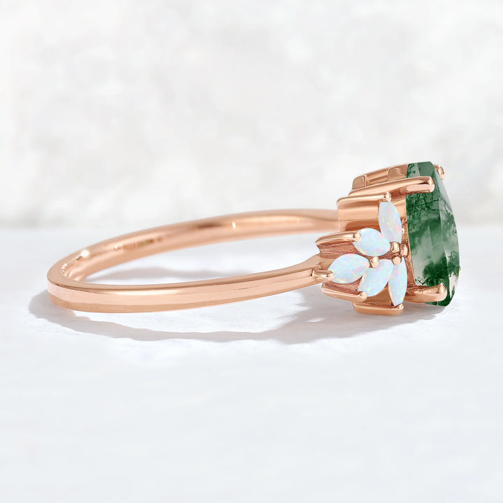 Nature Inspired Pear Cut Moss Agate Opal Petal Side Gemstone Ring