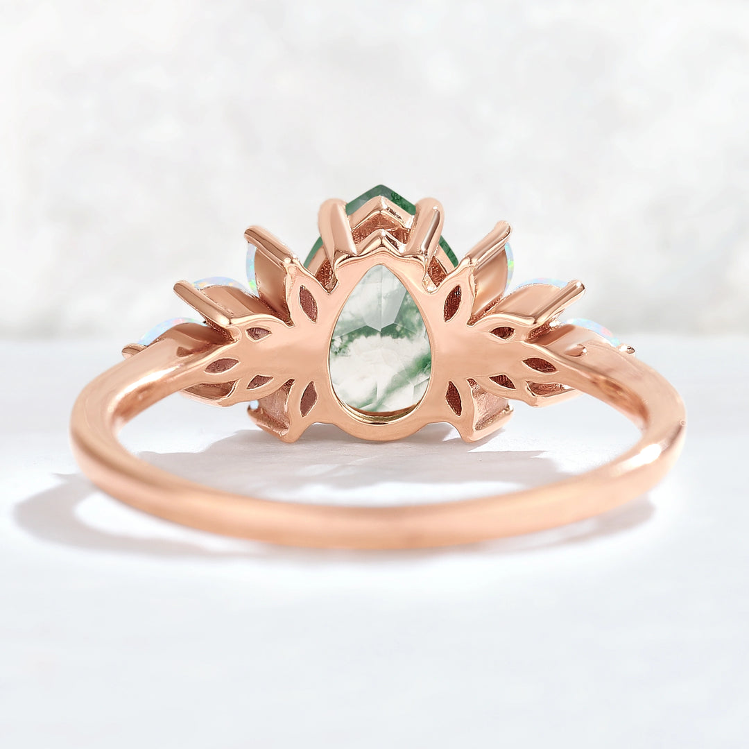 Nature Inspired Pear Cut Moss Agate Opal Petal Side Gemstone Ring