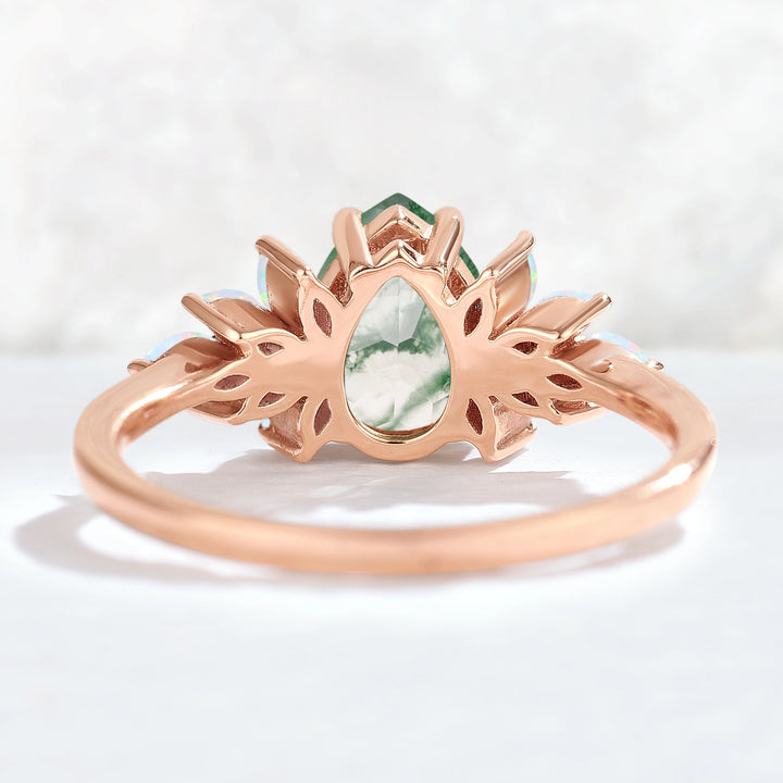 Nature Inspired Pear Cut Moss Agate Opal Petal Side Gemstone Ring