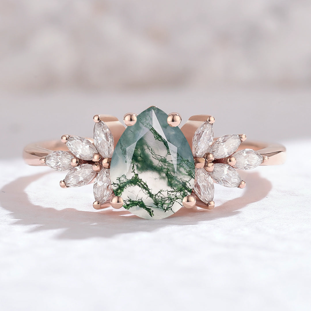 Nature Inspired Pear Cut Moss Agate Petal Side Gemstone Ring