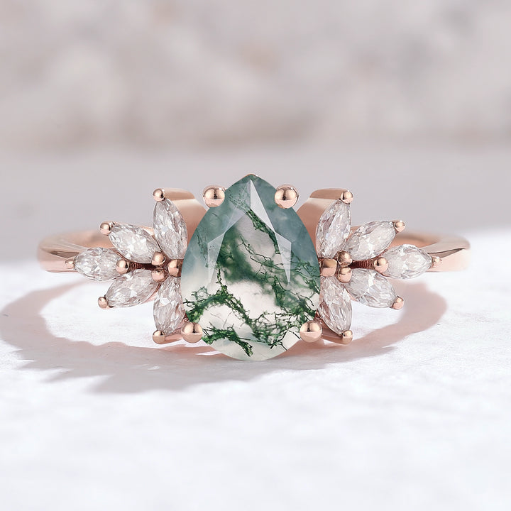 Nature Inspired Pear Cut Moss Agate Petal Side Gemstone Ring