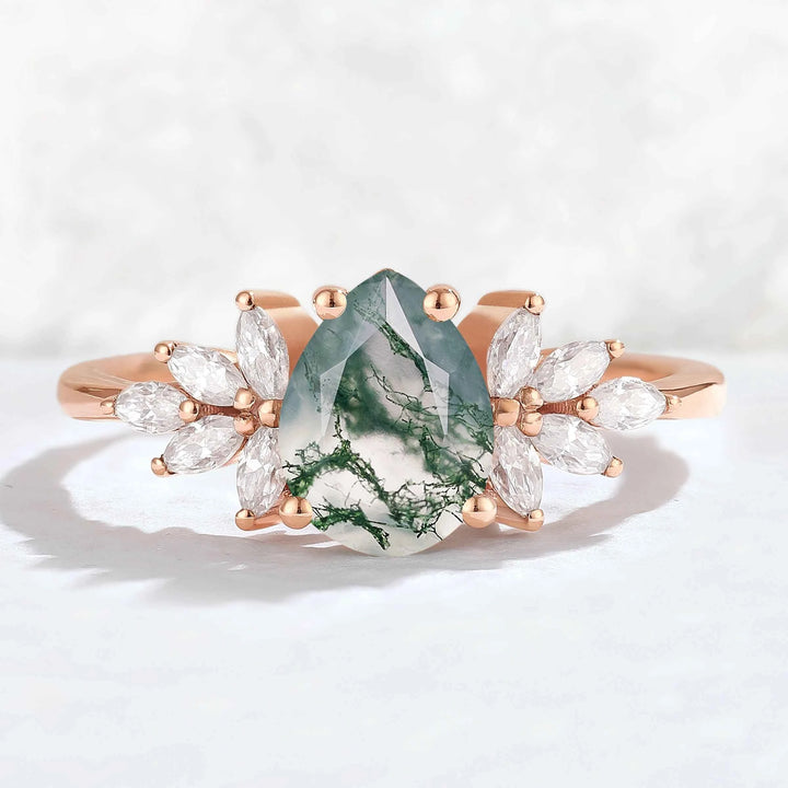 Nature Inspired Pear Cut Moss Agate Opal Petal Side Gemstone Ring