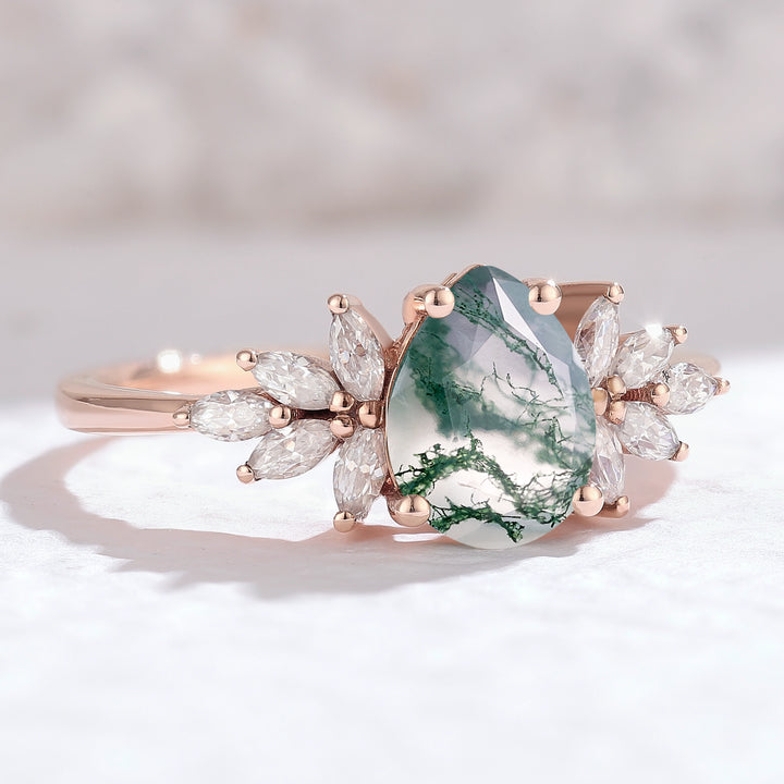 Nature Inspired Pear Cut Moss Agate Petal Side Gemstone Ring