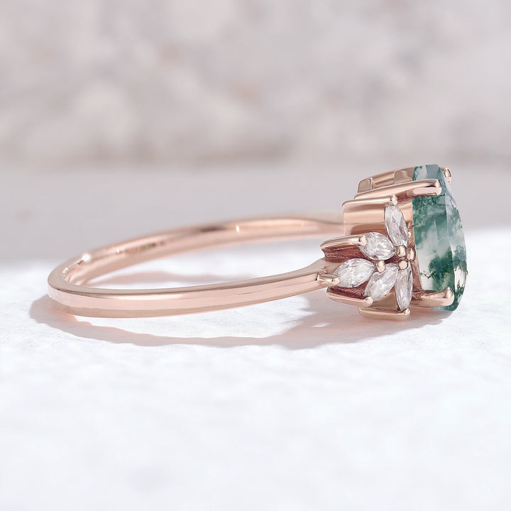 Nature Inspired Pear Cut Moss Agate Petal Side Gemstone Ring