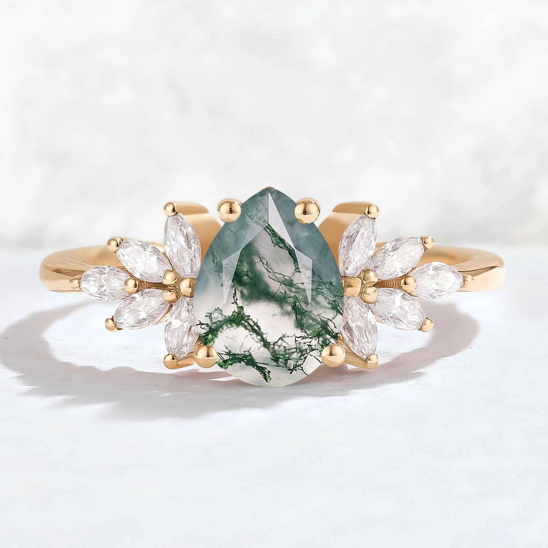 Nature Inspired Pear Cut Moss Agate Opal Petal Side Gemstone Ring