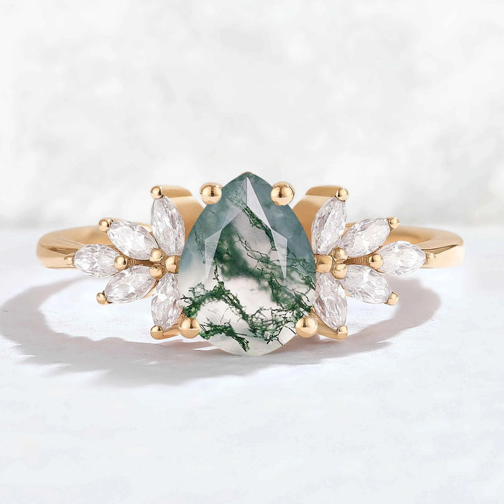 Nature Inspired Pear Cut Moss Agate Opal Petal Side Gemstone Ring