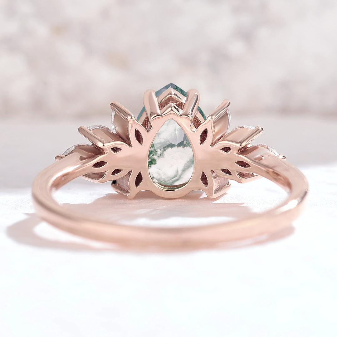 Nature Inspired Pear Cut Moss Agate Petal Side Gemstone Ring