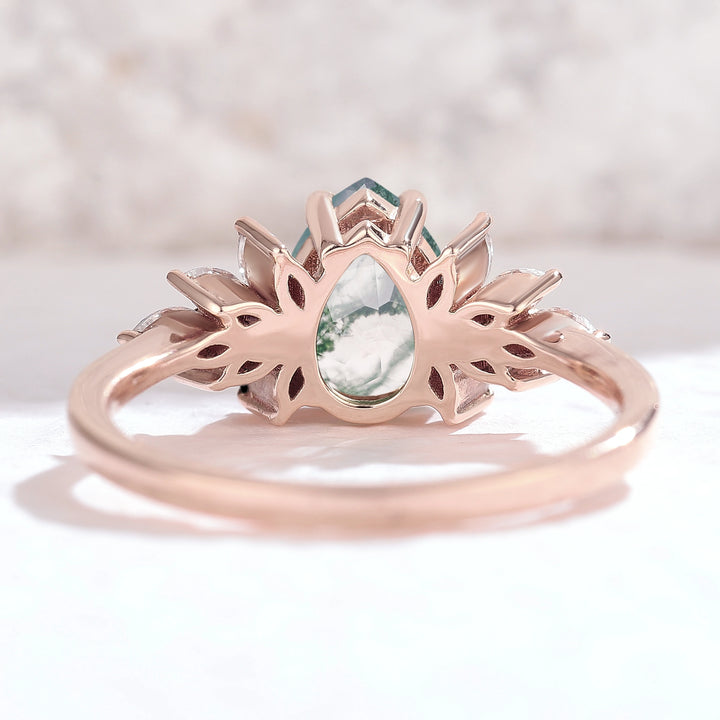 Nature Inspired Pear Cut Moss Agate Petal Side Gemstone Ring