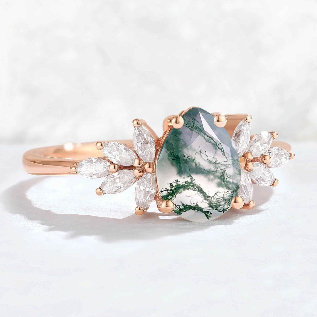 Nature Inspired Pear Cut Moss Agate Opal Petal Side Gemstone Ring