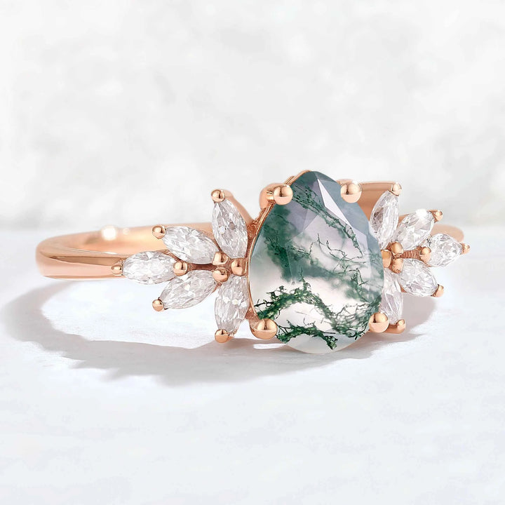Nature Inspired Pear Cut Moss Agate Opal Petal Side Gemstone Ring