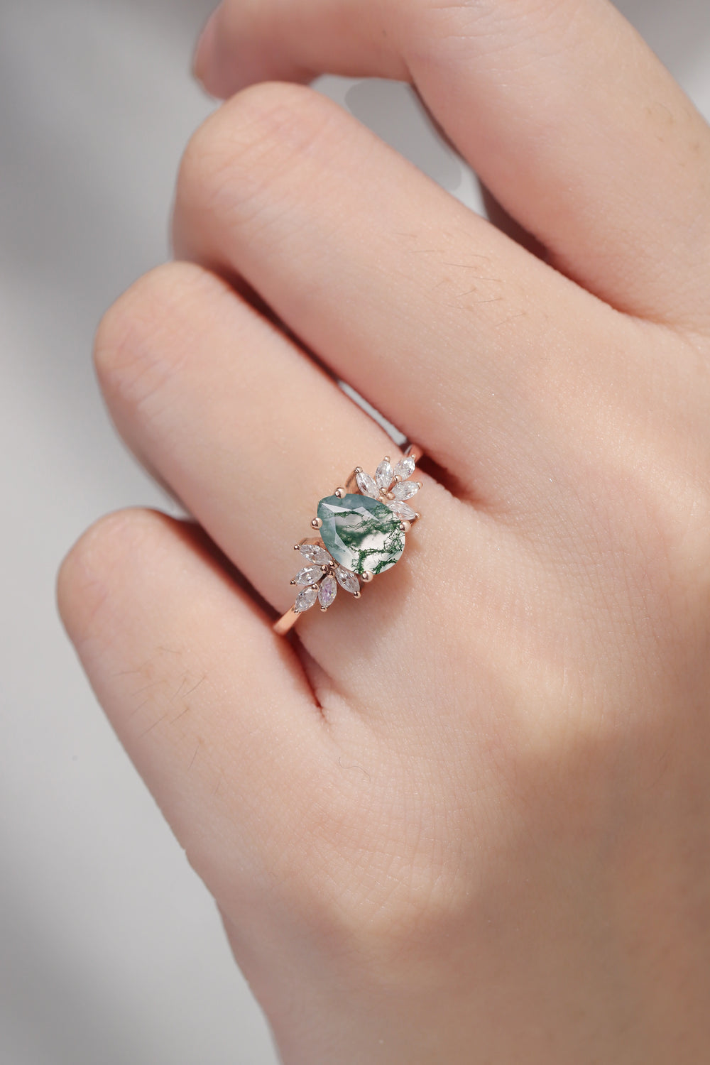 Nature Inspired Pear Cut Moss Agate Petal Side Gemstone Ring
