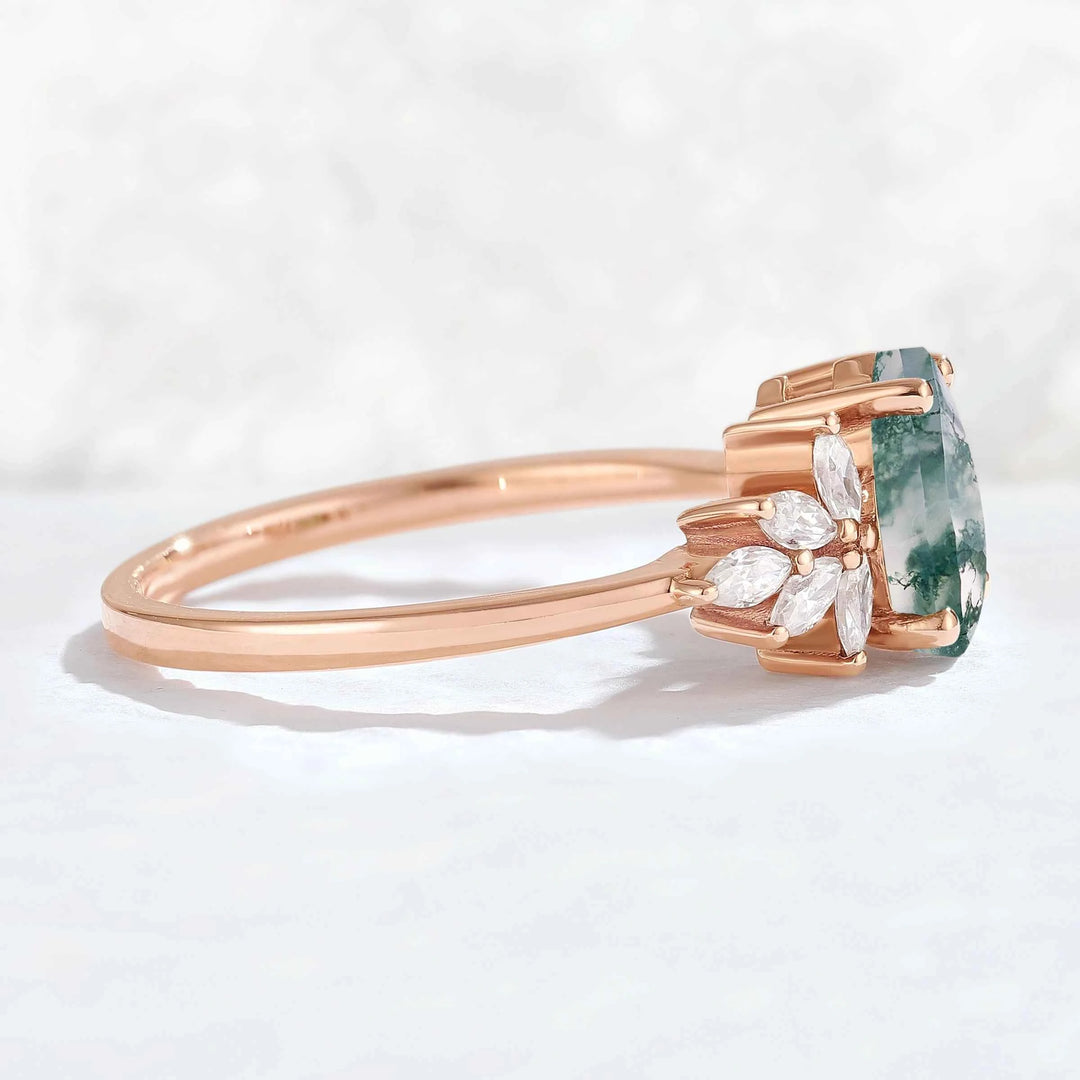 Nature Inspired Pear Cut Moss Agate Opal Petal Side Gemstone Ring