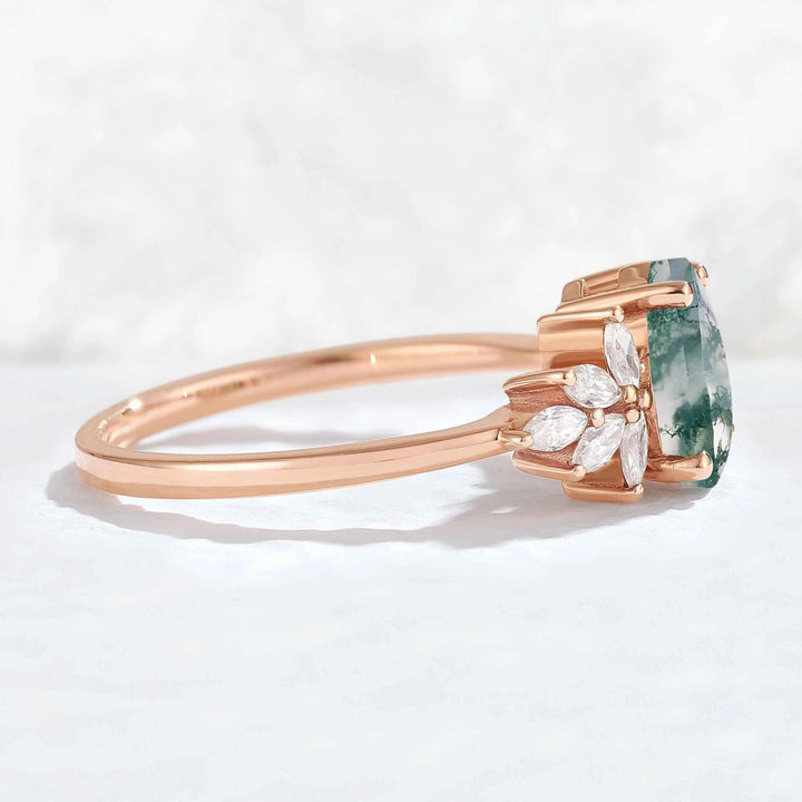 Nature Inspired Pear Cut Moss Agate Opal Petal Side Gemstone Ring