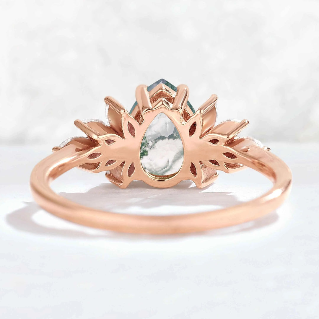 Nature Inspired Pear Cut Moss Agate Opal Petal Side Gemstone Ring