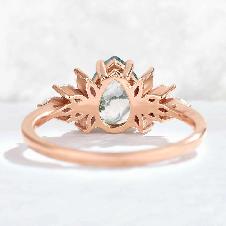 Nature Inspired Pear Cut Moss Agate Opal Petal Side Gemstone Ring
