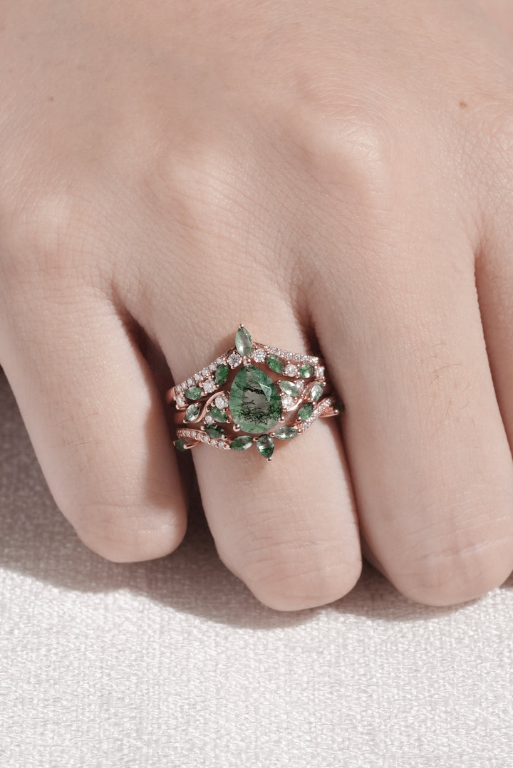 Nature Inspired Pear Cut Moss Agate Tree Shaped Engagement Ring Set 3pcs