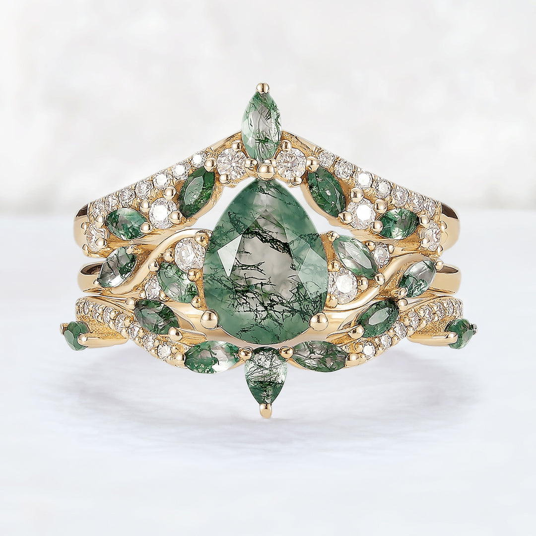 Nature Inspired Pear Cut Moss Agate Tree Shaped Engagement Ring Set 3pcs