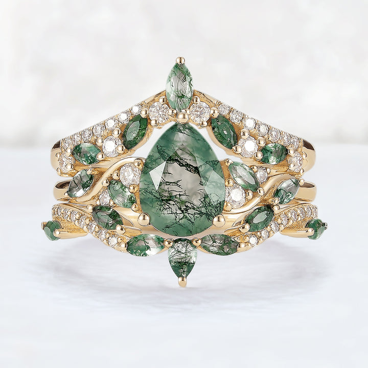 Nature Inspired Pear Cut Moss Agate Tree Shaped Engagement Ring Set 3pcs
