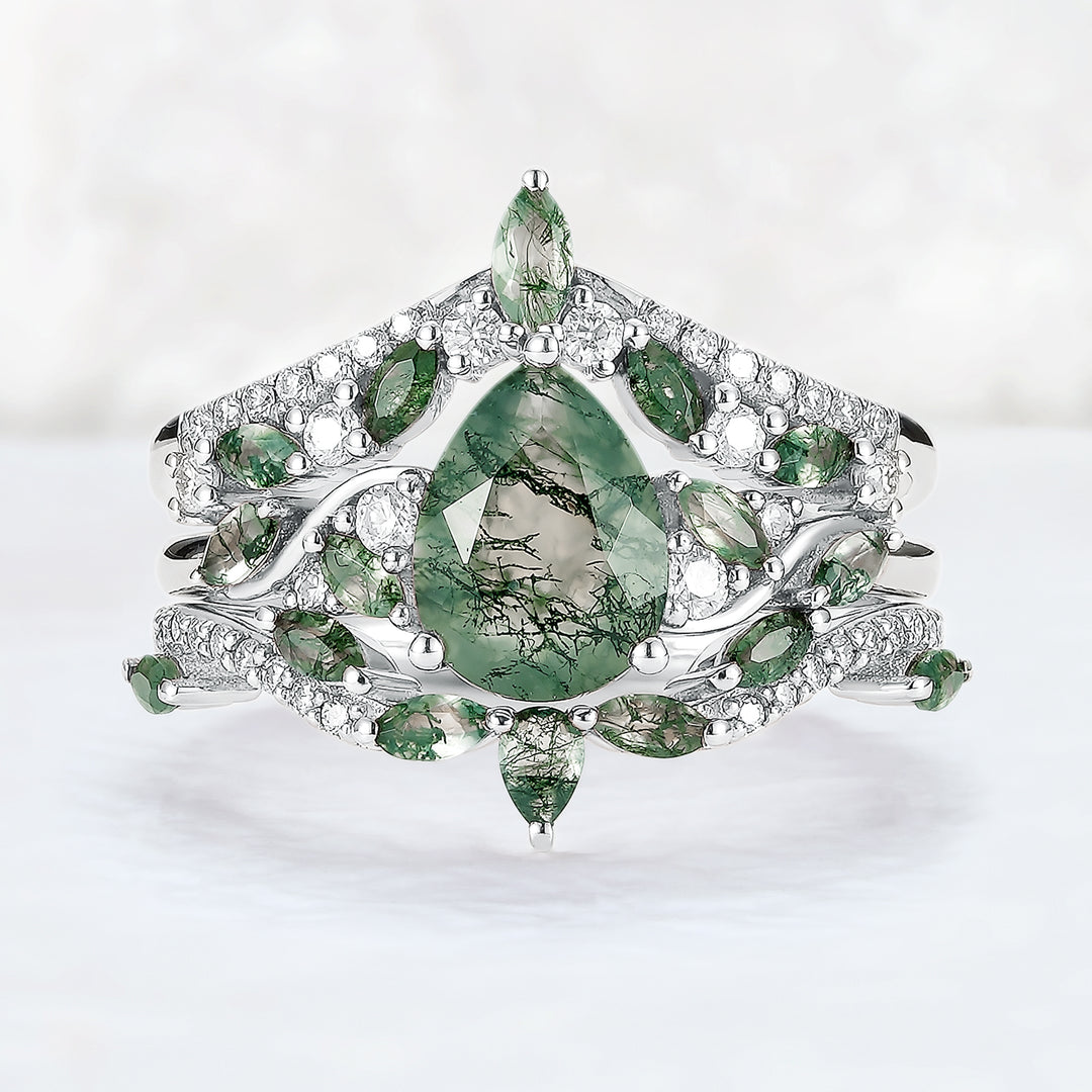 Nature Inspired Pear Cut Moss Agate Tree Shaped Engagement Ring Set 3pcs