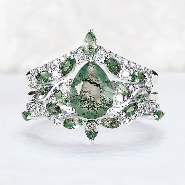 Nature Inspired Pear Cut Moss Agate Tree Shaped Engagement Ring Set 3pcs