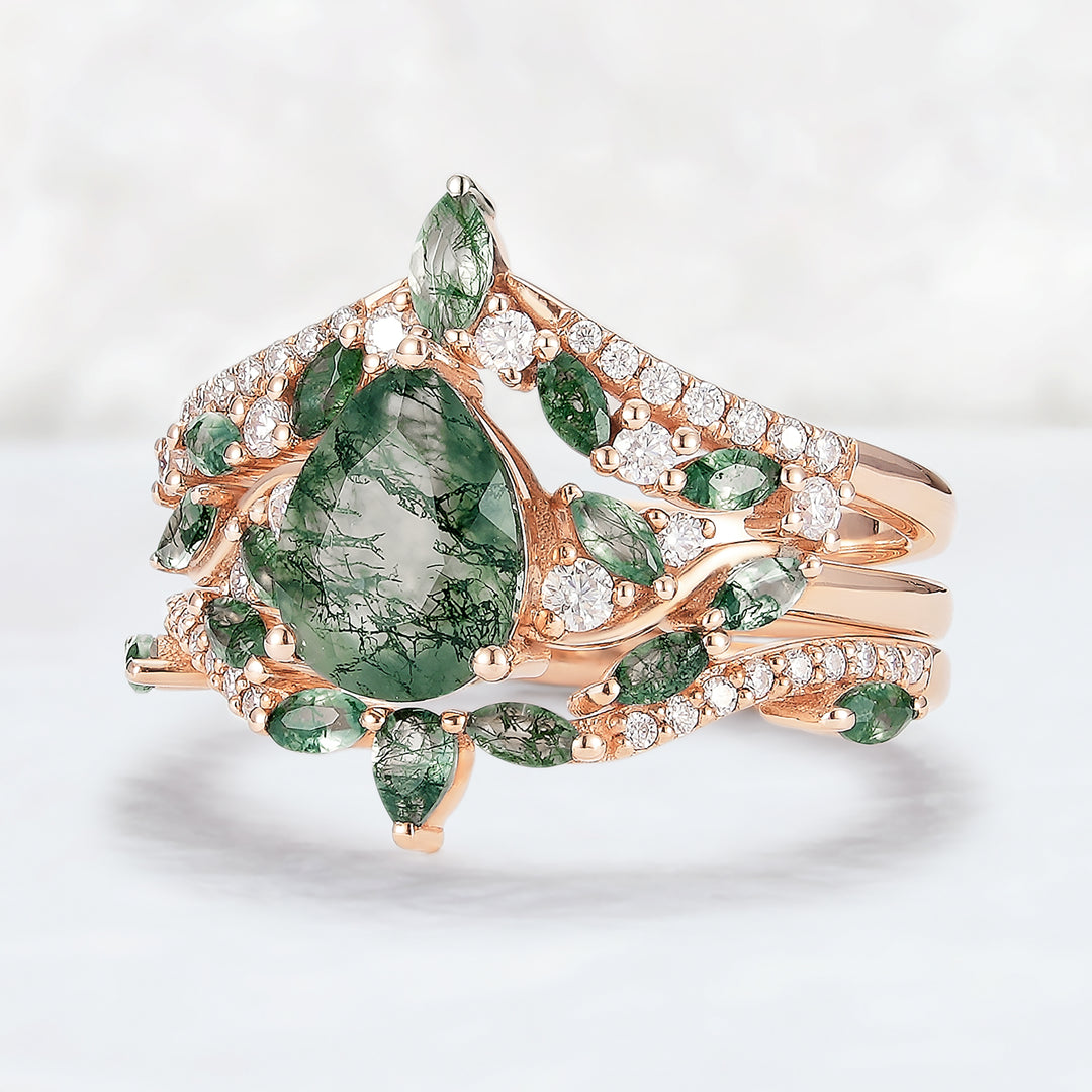 Nature Inspired Pear Cut Moss Agate Tree Shaped Engagement Ring Set 3pcs