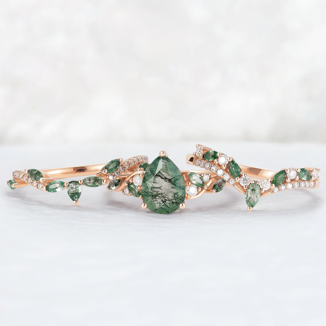Nature Inspired Pear Cut Moss Agate Tree Shaped Engagement Ring Set 3pcs