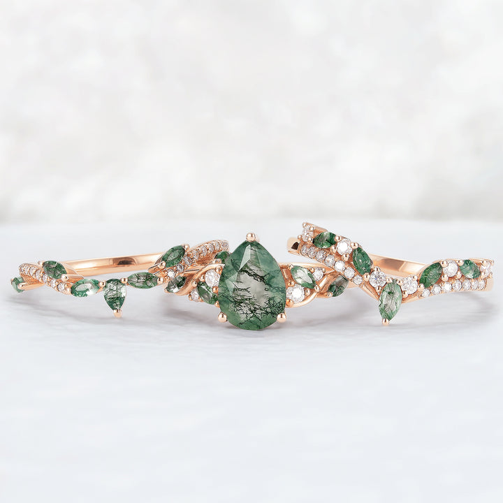 Nature Inspired Pear Cut Moss Agate Tree Shaped Engagement Ring Set 3pcs