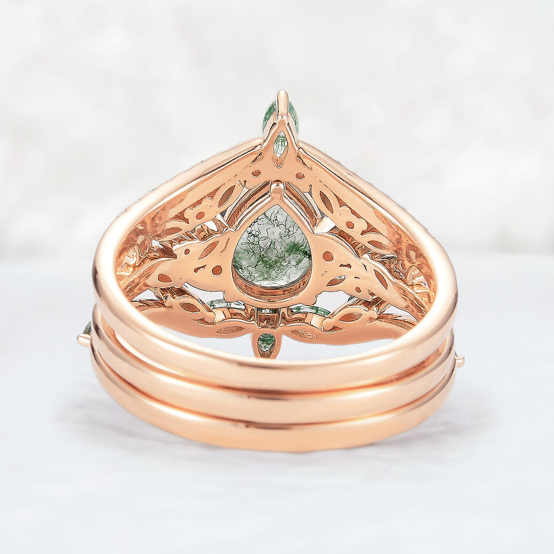 Nature Inspired Pear Cut Moss Agate Tree Shaped Engagement Ring Set 3pcs