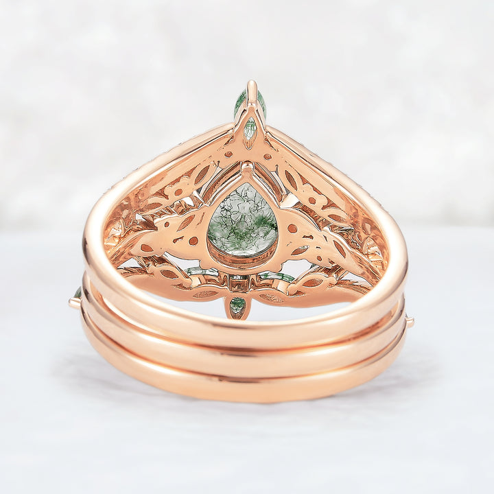 Nature Inspired Pear Cut Moss Agate Tree Shaped Engagement Ring Set 3pcs