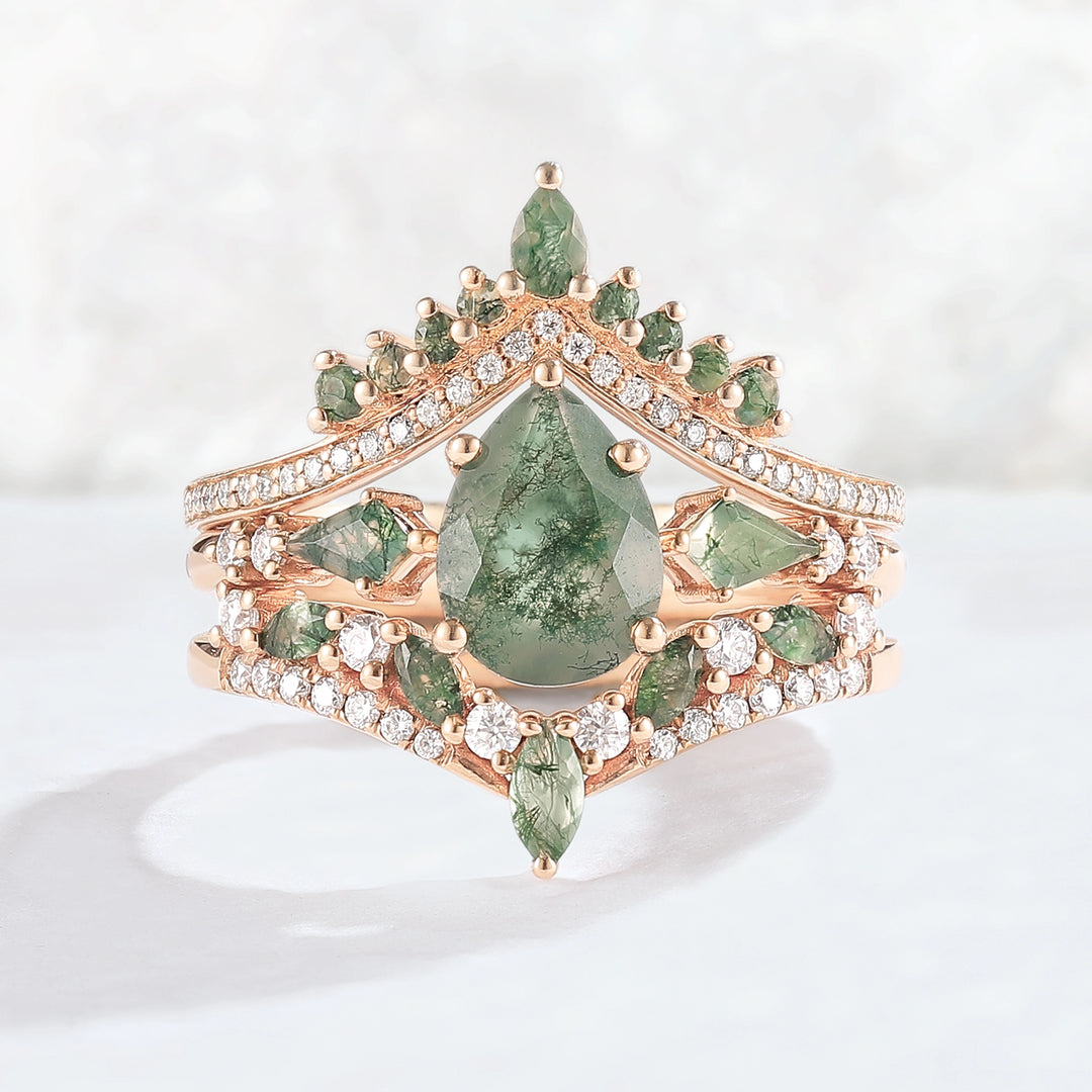 Nature Inspired Pear Cut Moss Agate Tree Shaped Gemstone Ring Set 3pcs