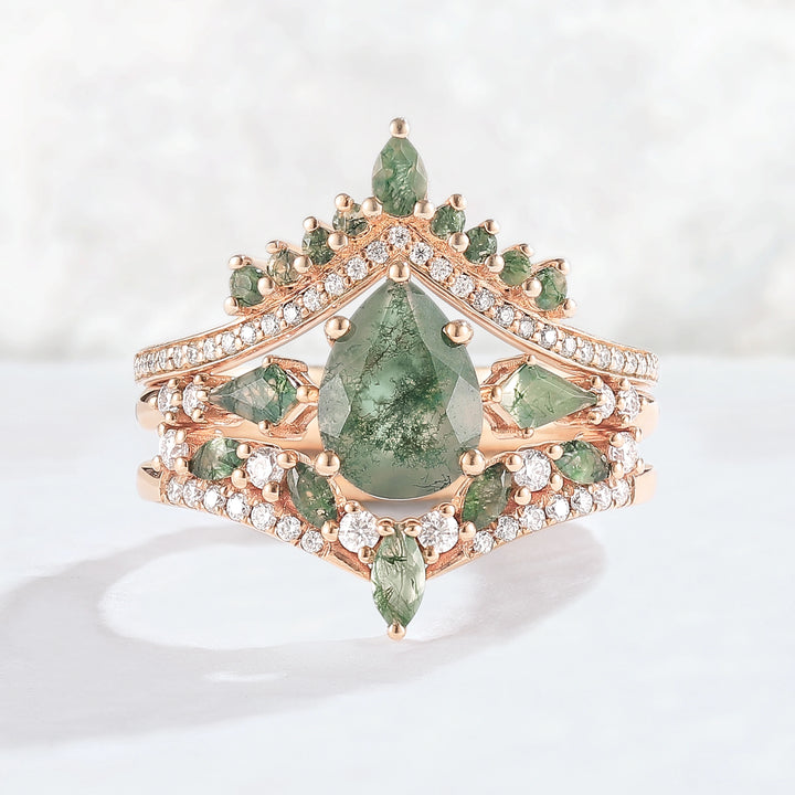 Nature Inspired Pear Cut Moss Agate Tree Shaped Gemstone Ring Set 3pcs