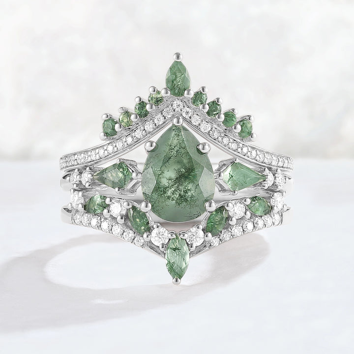 Nature Inspired Pear Cut Moss Agate Tree Shaped Gemstone Ring Set 3pcs