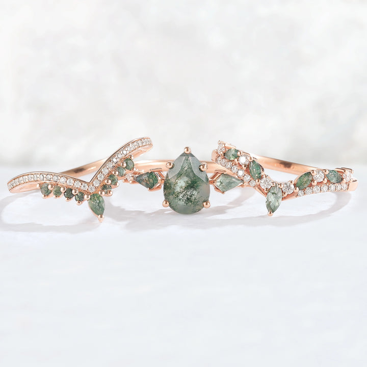 Nature Inspired Pear Cut Moss Agate Tree Shaped Gemstone Ring Set 3pcs