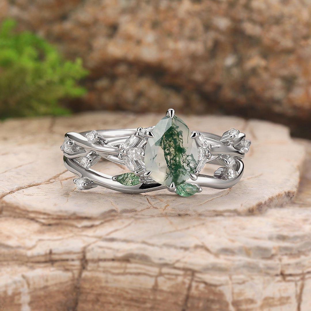 Nature Inspired Pear Cut Moss Agate Vine Silver Gemstone Ring Set 2pcs