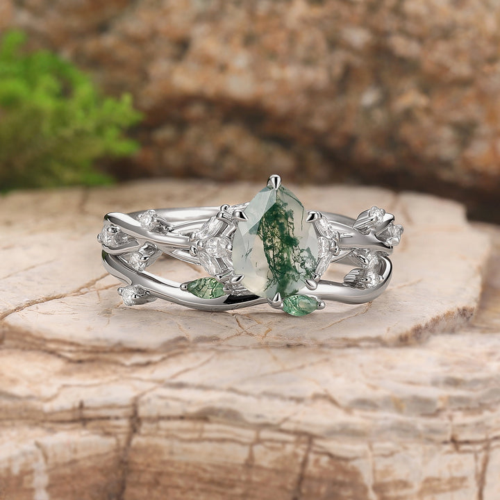 Nature Inspired Pear Cut Moss Agate Vine Silver Gemstone Ring Set 2pcs