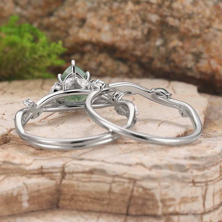 Nature Inspired Pear Cut Moss Agate Vine Silver Gemstone Ring Set 2pcs